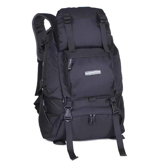 Black 40L waterproof hiking backpack by Mead's Supply & Equipment Outfitters, lightweight polyester outdoor pack with multiple color options.