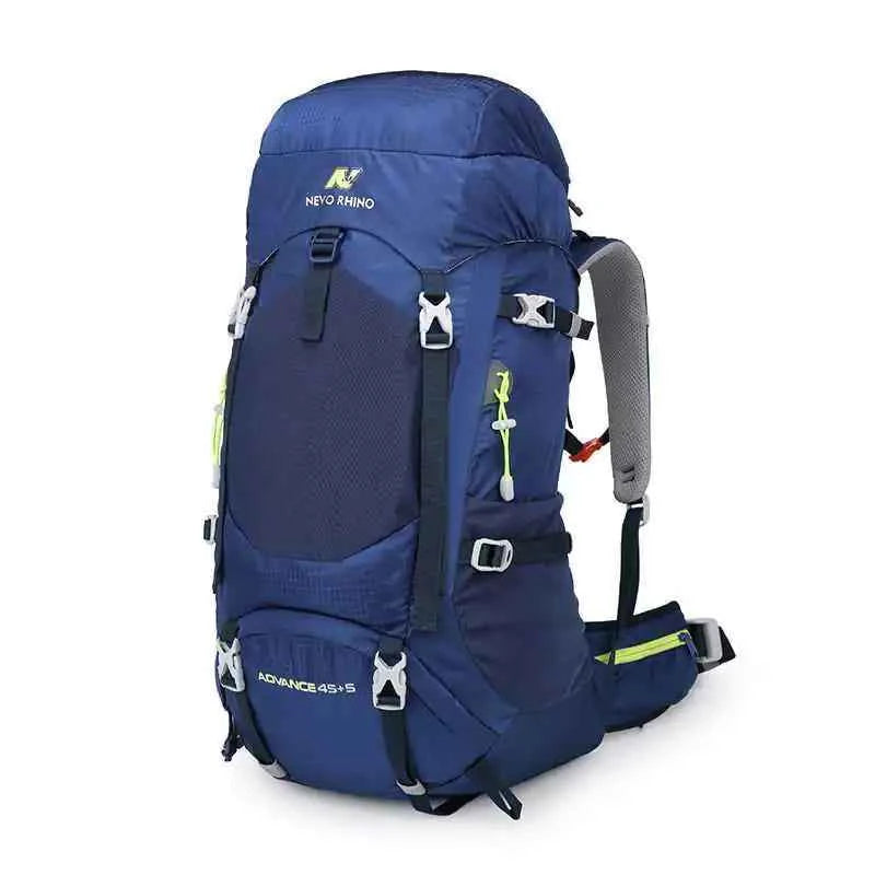Blue 50L professional mountaineering backpack by Mead's Supply & Equipment, featuring large capacity and rain cover for outdoor adventures.