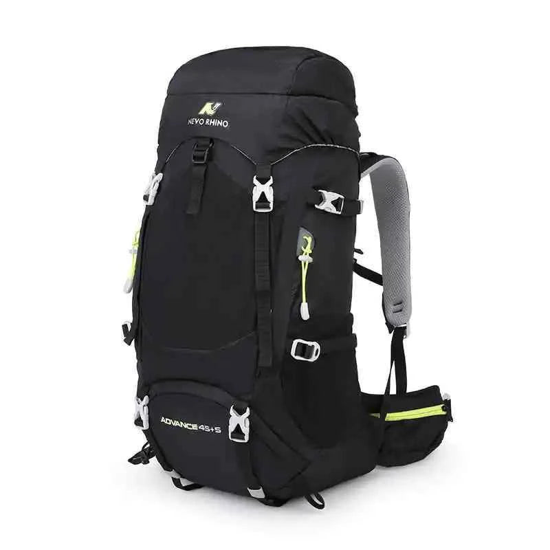 Blue Mead's Supply & Equipment mountaineering backpack, 50L hiking pack with rain cover, outdoor adventure gear, large capacity.