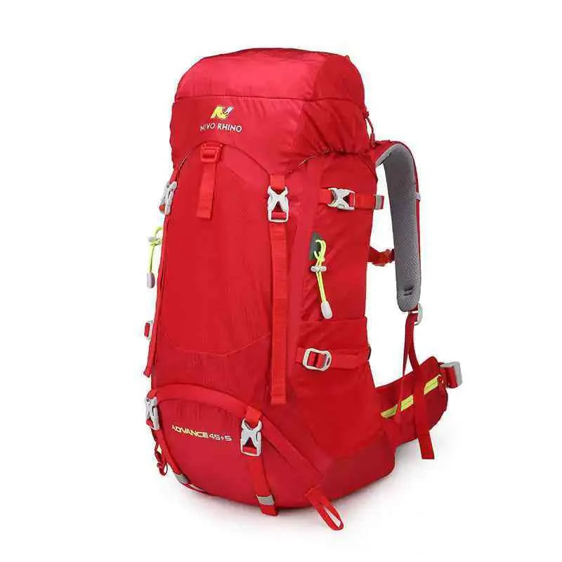 Blue 50L professional mountaineering backpack by Mead's Supply with rain cover, large capacity hiking pack for outdoor adventures.
