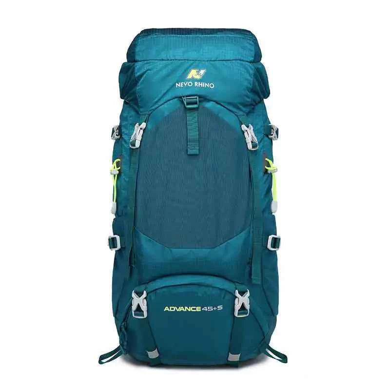 Blue Mead's Supply mountaineering backpack with 50L capacity, rain cover, ideal for hiking and outdoor adventures.