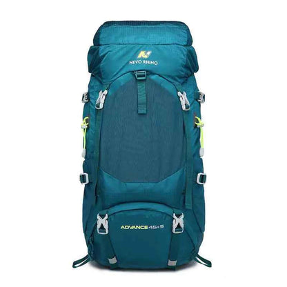 Blue Mead's Supply mountaineering backpack with 50L capacity, rain cover, ideal for hiking and outdoor adventures.