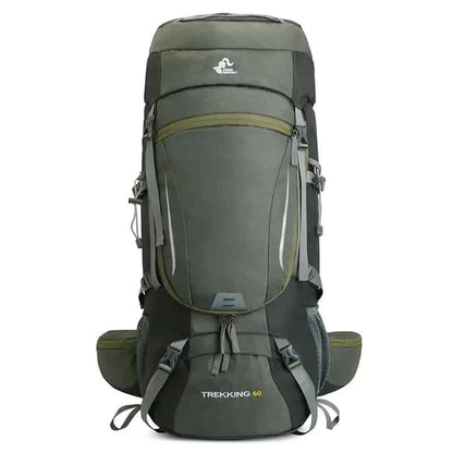 Blue 60L water-repellent hiking backpack with rain cover by Mead's Supply & Equipment Outfitters, large capacity outdoor adventure pack.