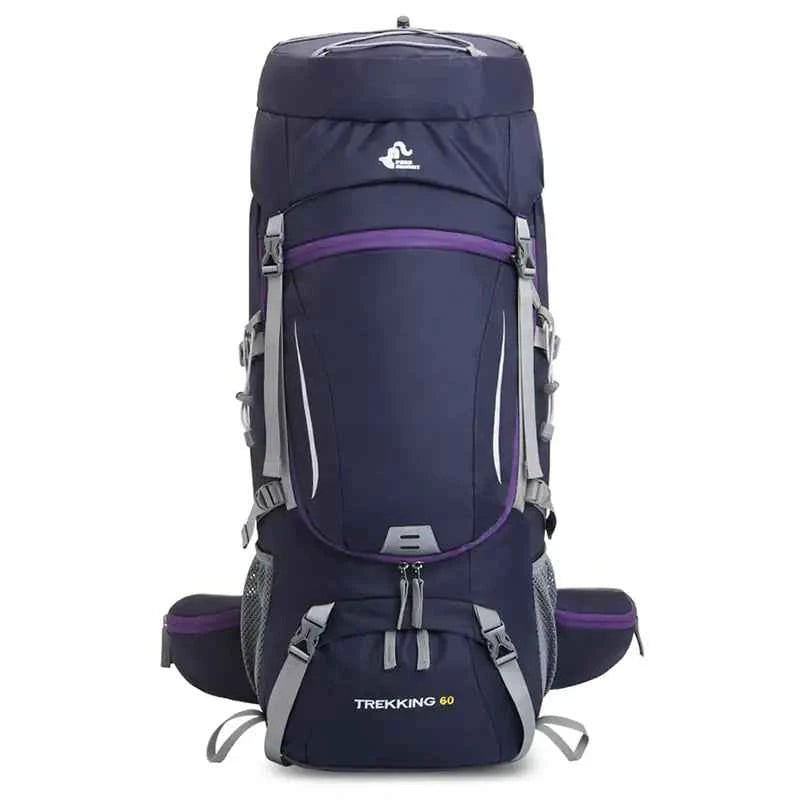 Blue Mead's Supply 60L water-repellent hiking backpack with rain cover, large outdoor capacity for adventures and outdoor trips.