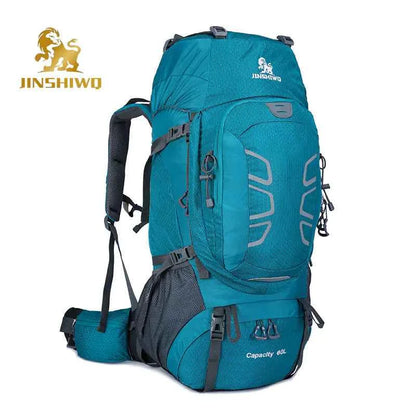Blue 60L outdoor hiking backpack by Mead's Supply & Equipment Outfitters with water-resistant design and multiple compartments.