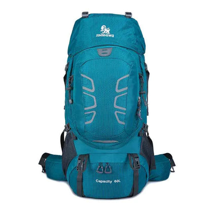 Blue 60L outdoor hiking backpack by Mead's Supply & Equipment Outfitters with water-resistant design and multiple compartments.