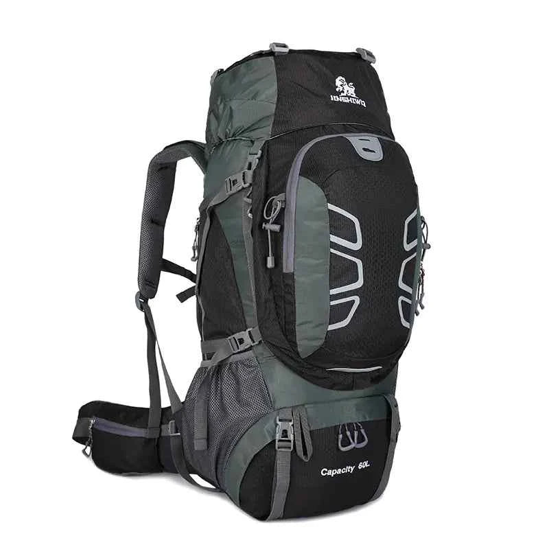 Blue 60L outdoor hiking backpack by Mead's Supply & Equipment Outfitters with water-resistant design and multiple compartments.