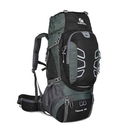 Blue 60L outdoor hiking backpack by Mead's Supply & Equipment Outfitters with water-resistant design and multiple compartments.