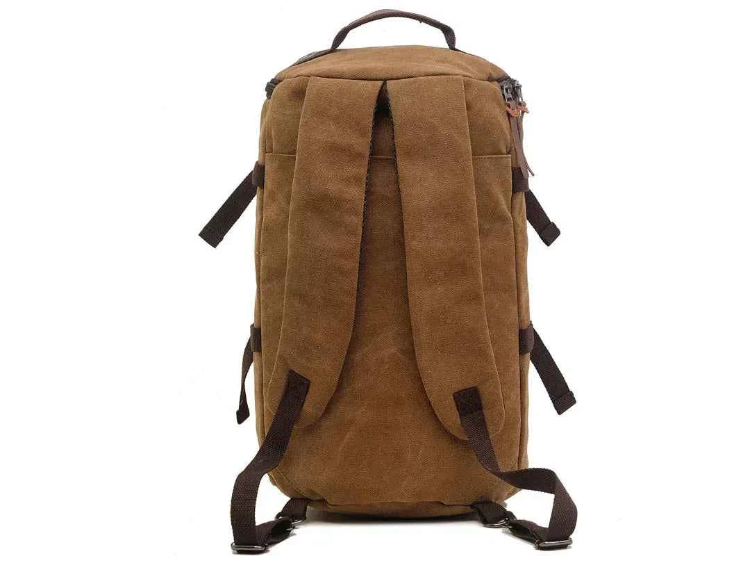 Brown 50L canvas hiking backpack with retro style, leather accents, designed for outdoor travel and men's outdoor adventures.
