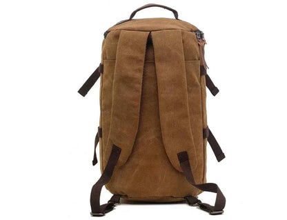 Brown 50L canvas hiking backpack with retro style, leather accents, designed for outdoor travel and men's outdoor adventures.
