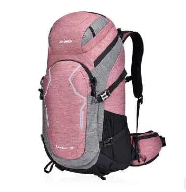Red 50L nylon hiking backpack by Mead's Supply & Equipment Outfitters, lightweight outdoor sports rucksack with embroidered design.