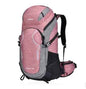 Red 50L nylon hiking backpack by Mead's Supply & Equipment Outfitters, lightweight outdoor sports rucksack with embroidered design.