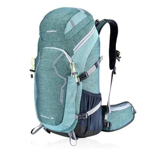 Red 50L nylon hiking backpack by Mead's Supply & Equipment Outfitters, lightweight outdoor adventure rucksack with embroidered design.