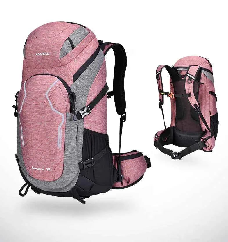 Red 50L nylon hiking backpack by Mead's Supply & Equipment Outfitters, lightweight outdoor rucksack with embroidered design.