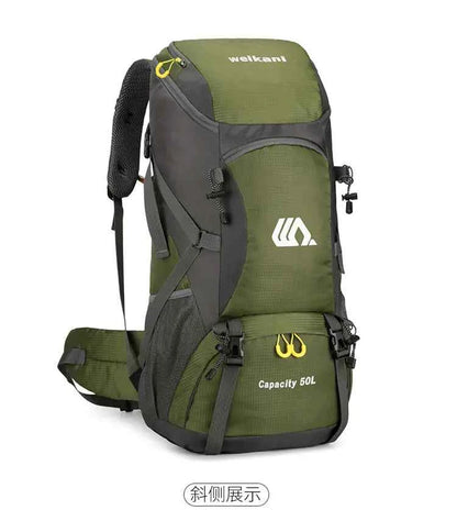 Lake blue 50L camping backpack for men and women from Mead's Supply & Equipment Outfitters, featuring multiple compartments and adjustable straps.