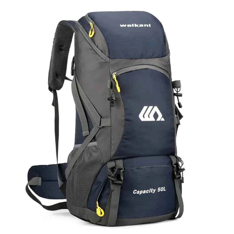 Lake blue Mead's Supply & Equipment Outfitters camping backpack for men and women, 50L hiking backpack with multiple compartments.