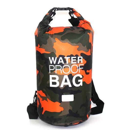 Orange 30L camouflage PVC waterproof dry bag by Mead's Supply & Equipment Outfitters, ideal for camping and water sports storage.
