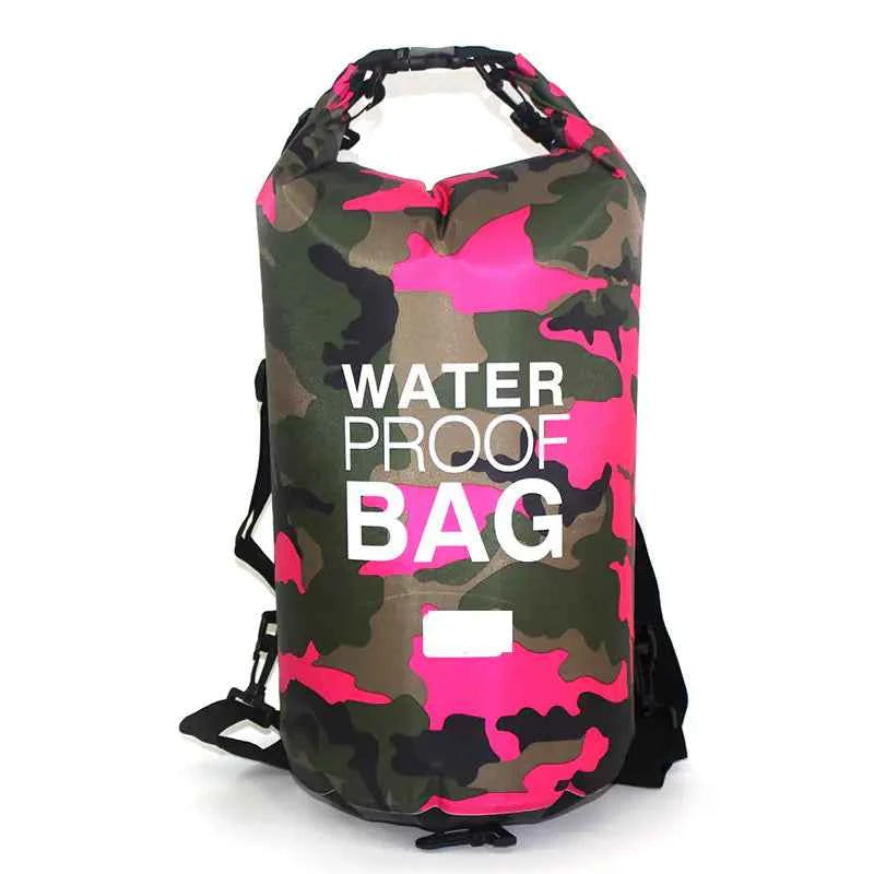 Orange camouflage PVC waterproof dry bag by Mead's Supply & Equipment Outfitters, outdoor storage for camping and water sports.