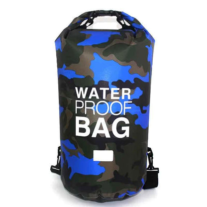 Orange camouflage PVC waterproof dry bag from Mead's Supply & Equipment Outfitters, ideal for camping and water sports storage.