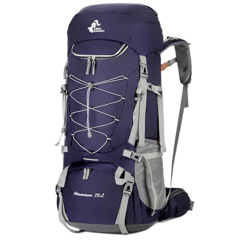 Purple 75L waterproof hiking backpack with rain cover from Mead's Supply & Equipment Outfitters, featuring adjustable straps and gear compartments.