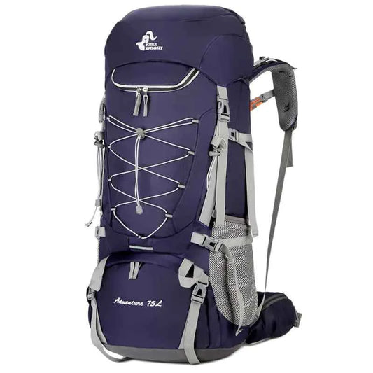 Purple 75L waterproof hiking backpack with rain cover from Mead's Supply & Equipment Outfitters, featuring adjustable straps and gear compartments.
