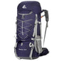 Purple 75L waterproof hiking backpack with rain cover from Mead's Supply & Equipment Outfitters, featuring adjustable straps and gear compartments.