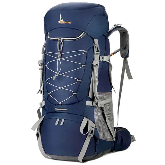 Purple 75L waterproof hiking backpack with rain cover from Mead's Supply & Equipment Outfitters, designed for outdoor trekking.