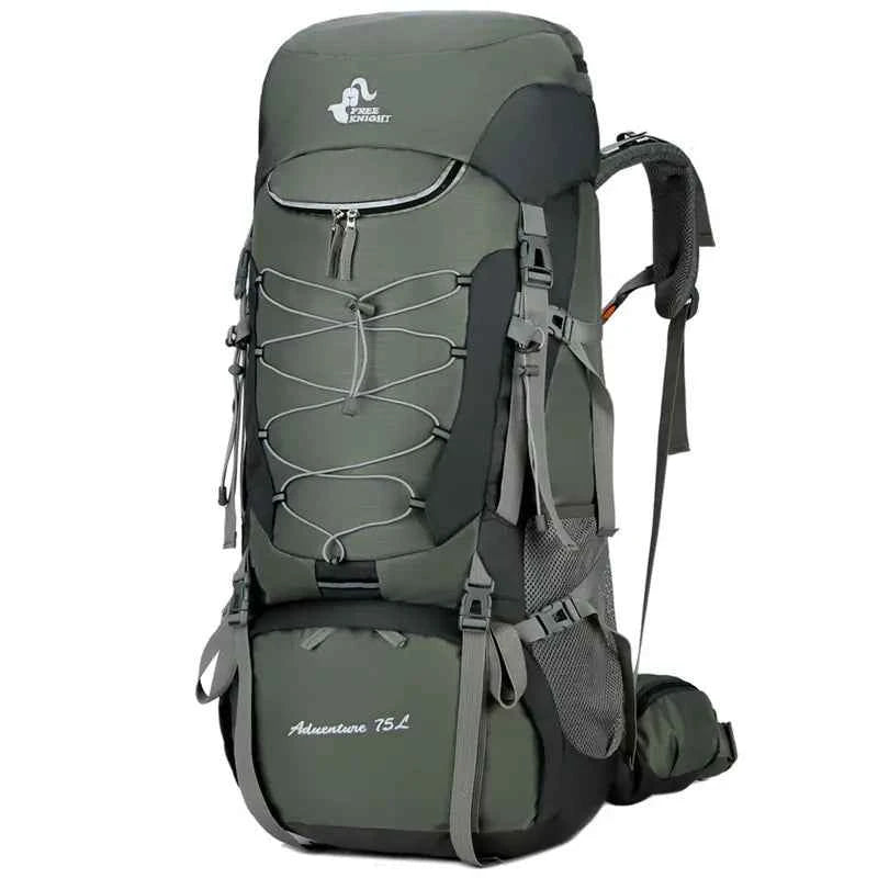 Purple 75L waterproof hiking backpack with rain cover by Mead's Supply & Equipment Outfitters, featuring adjustable straps and multiple compartments.