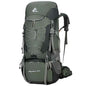 Purple 75L waterproof hiking backpack with rain cover by Mead's Supply & Equipment Outfitters, featuring adjustable straps and multiple compartments.