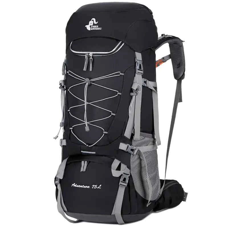 Purple 75L waterproof hiking backpack with rain cover by Mead's Supply & Equipment Outfitters, showing adjustable straps and durable material.