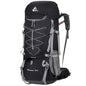 Purple 75L waterproof hiking backpack with rain cover by Mead's Supply & Equipment Outfitters, showing adjustable straps and durable material.