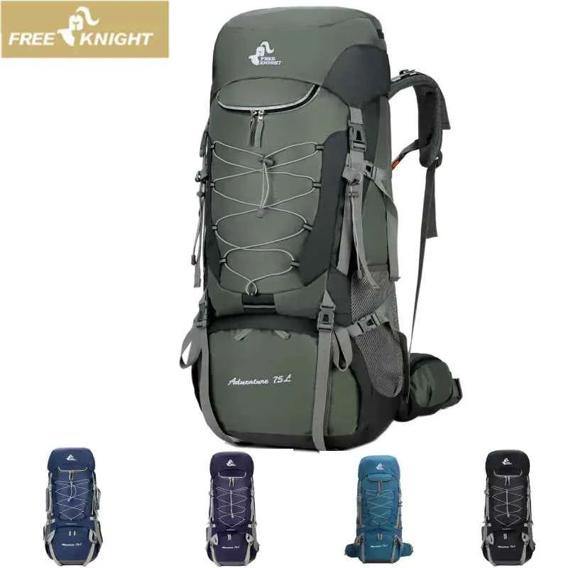Purple 75L waterproof hiking backpack with rain cover by Mead's Supply & Equipment Outfitters, showing adjustable straps and durable material.