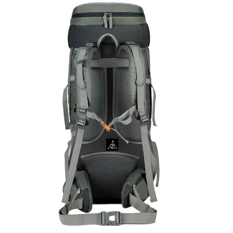 Purple 75L waterproof hiking backpack by Mead's Supply & Equipment Outfitters with rain cover and adjustable straps.