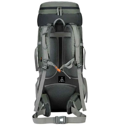 Purple 75L waterproof hiking backpack by Mead's Supply & Equipment Outfitters with rain cover and adjustable straps.