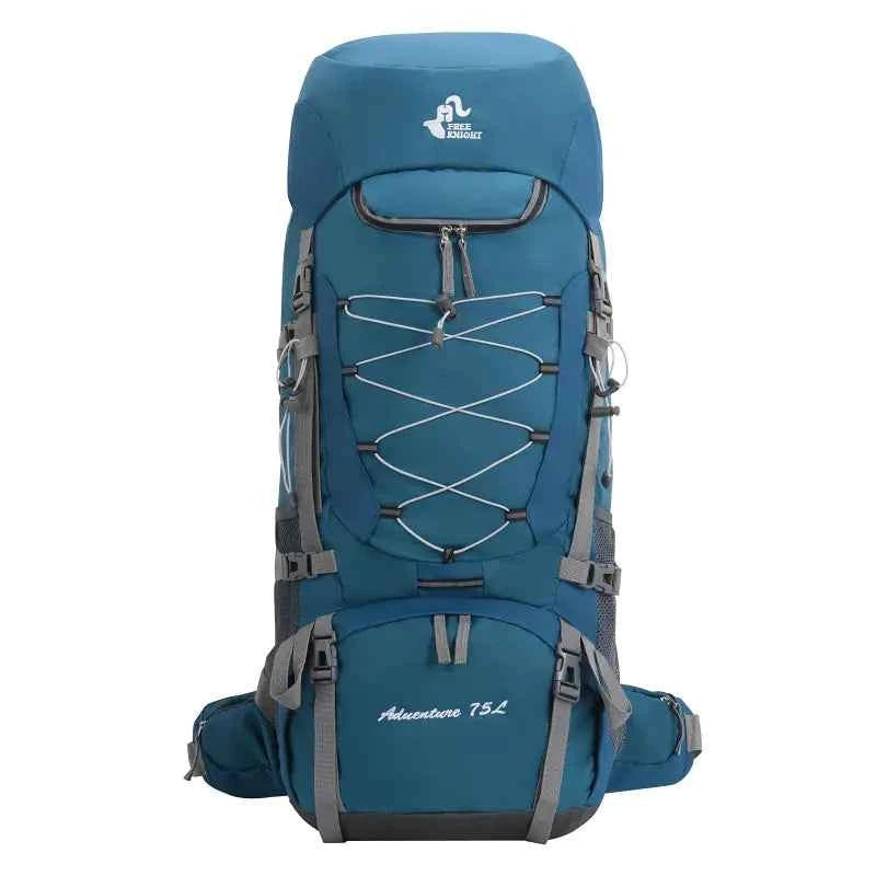 Purple 75L waterproof hiking backpack with rain cover by Mead's Supply & Equipment Outfitters, showing adjustable straps and durable material.