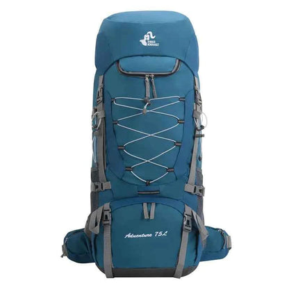 Purple 75L waterproof hiking backpack with rain cover by Mead's Supply & Equipment Outfitters, showing adjustable straps and durable material.