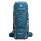 Purple 75L waterproof hiking backpack with rain cover by Mead's Supply & Equipment Outfitters, showing adjustable straps and durable material.