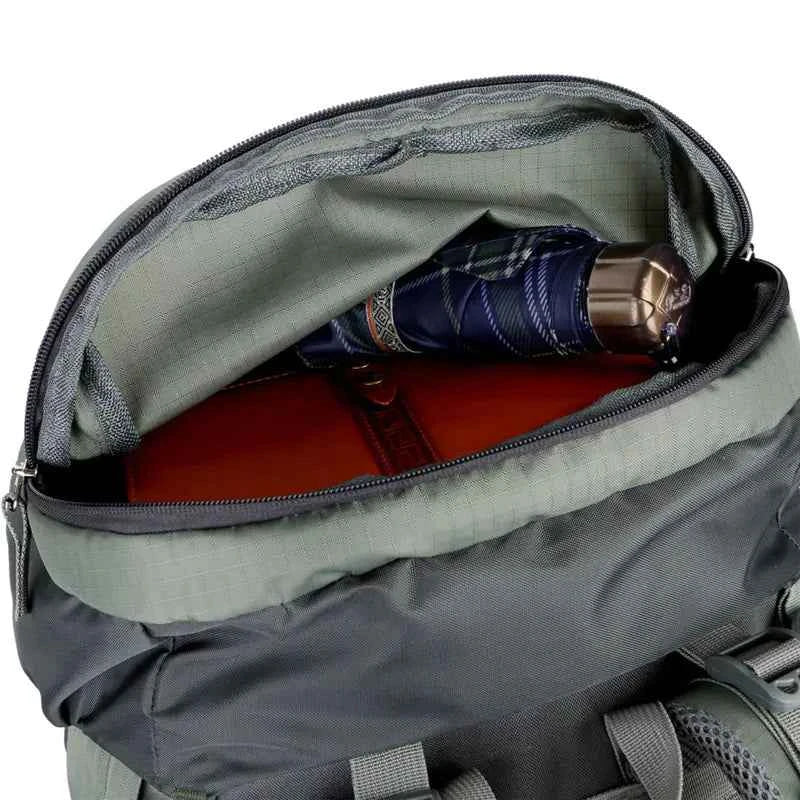Purple 75L waterproof hiking backpack by Mead's Supply & Equipment Outfitters with rain cover, durable outdoor gear for trekking.