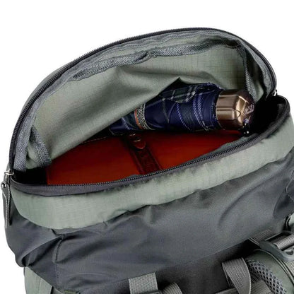 Purple 75L waterproof hiking backpack by Mead's Supply & Equipment Outfitters with rain cover, durable outdoor gear for trekking.