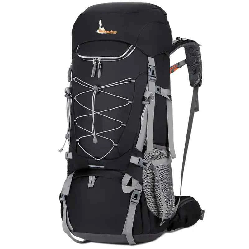 Purple 75L waterproof hiking backpack with rain cover by Mead's Supply & Equipment Outfitters, featuring multiple compartments and adjustable straps.