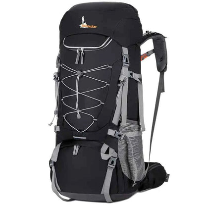 Purple 75L waterproof hiking backpack with rain cover by Mead's Supply & Equipment Outfitters, featuring multiple compartments and adjustable straps.