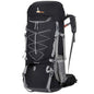 Purple 75L waterproof hiking backpack with rain cover by Mead's Supply & Equipment Outfitters, featuring multiple compartments and adjustable straps.