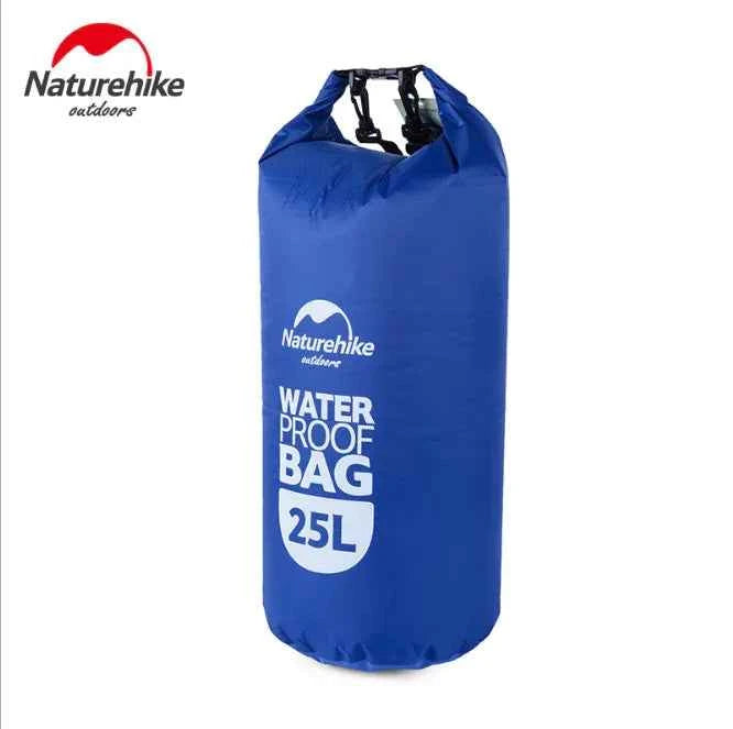 Blue NatureHike NH Medium 25L waterproof multi-function backpack with lightweight mesh dry bag for outdoor use.