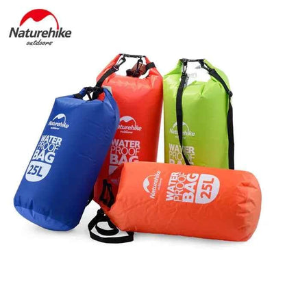 Blue NatureHike NH medium 25L waterproof backpack with lightweight mesh dry bag interior, designed for outdoor adventures.