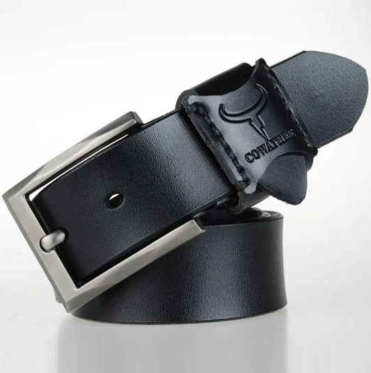 Black genuine leather men's casual and business belt by Mead's Supply & Equipment Outfitters, 100cm length, with a sleek buckle.