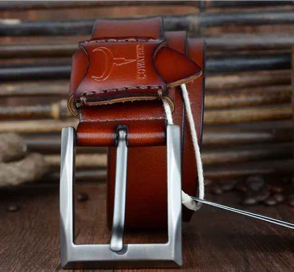 Black genuine leather men's casual and business belt by Mead's Supply & Equipment Outfitters, 100cm length with silver buckle.