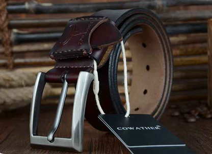 Black genuine leather men's casual and business belt by Mead's Supply & Equipment Outfitters, 100cm length with a classic design