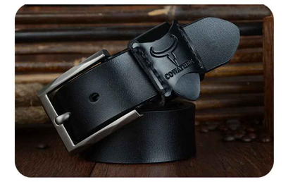 Mead's Supply & Equipment Outfitters black genuine leather men's casual business belt, 100cm, with a smooth finish and silver buckle