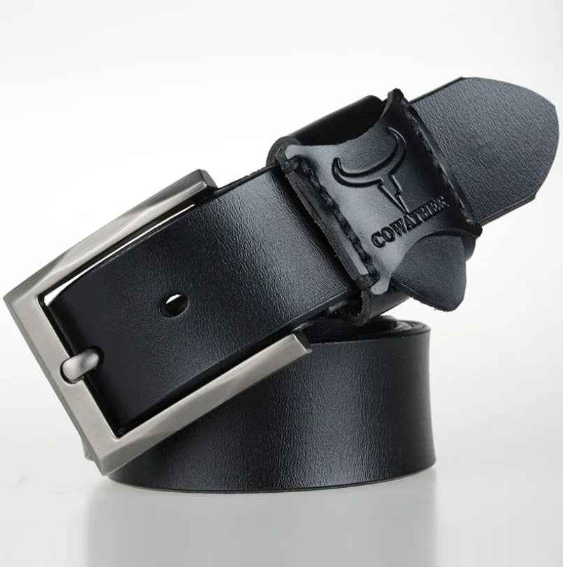 Black genuine leather men's casual and business belt by Mead's Supply & Equipment Outfitters, 100cm length with a sleek design.