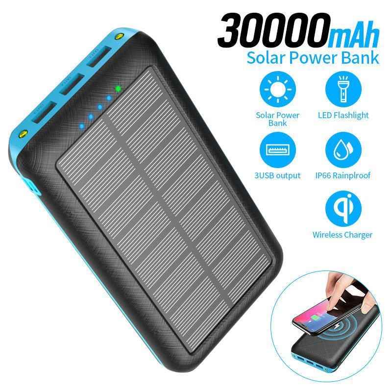Black Mead's Supply & Equipment Outfitters 30000mAh solar power bank with three USB outputs for portable charging.